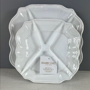 Shabby Chic Melamine Plates 8 pc Set 4 Dinner 4 Salad White Tan Edge NEW